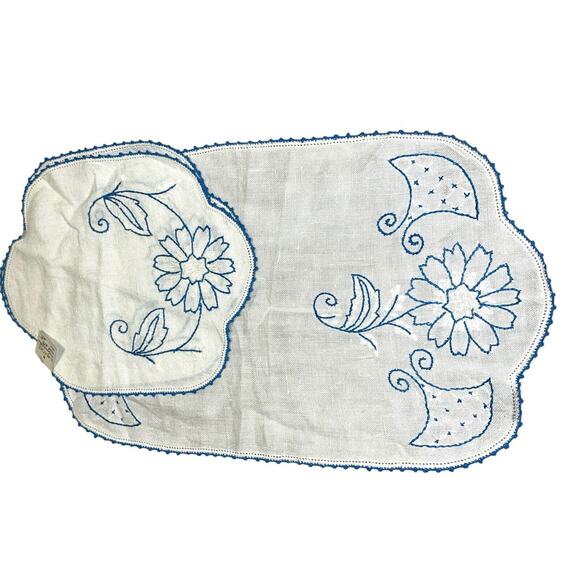 VTG Set Of 3 Blue Floral Hand Embroidered Couch Scarf Table Runner Crochet Edge